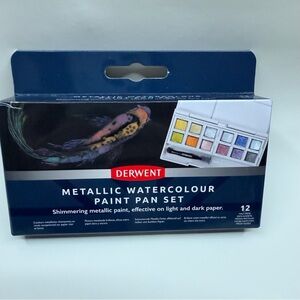 Derwent Metallic Watercolour Paint Pan Set – 12 Half Pans + Brush